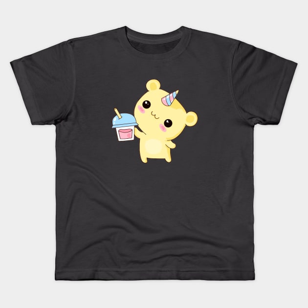 Cute Kawaii Cat Unicorn Holding Boba Kids T-Shirt by Illustradise